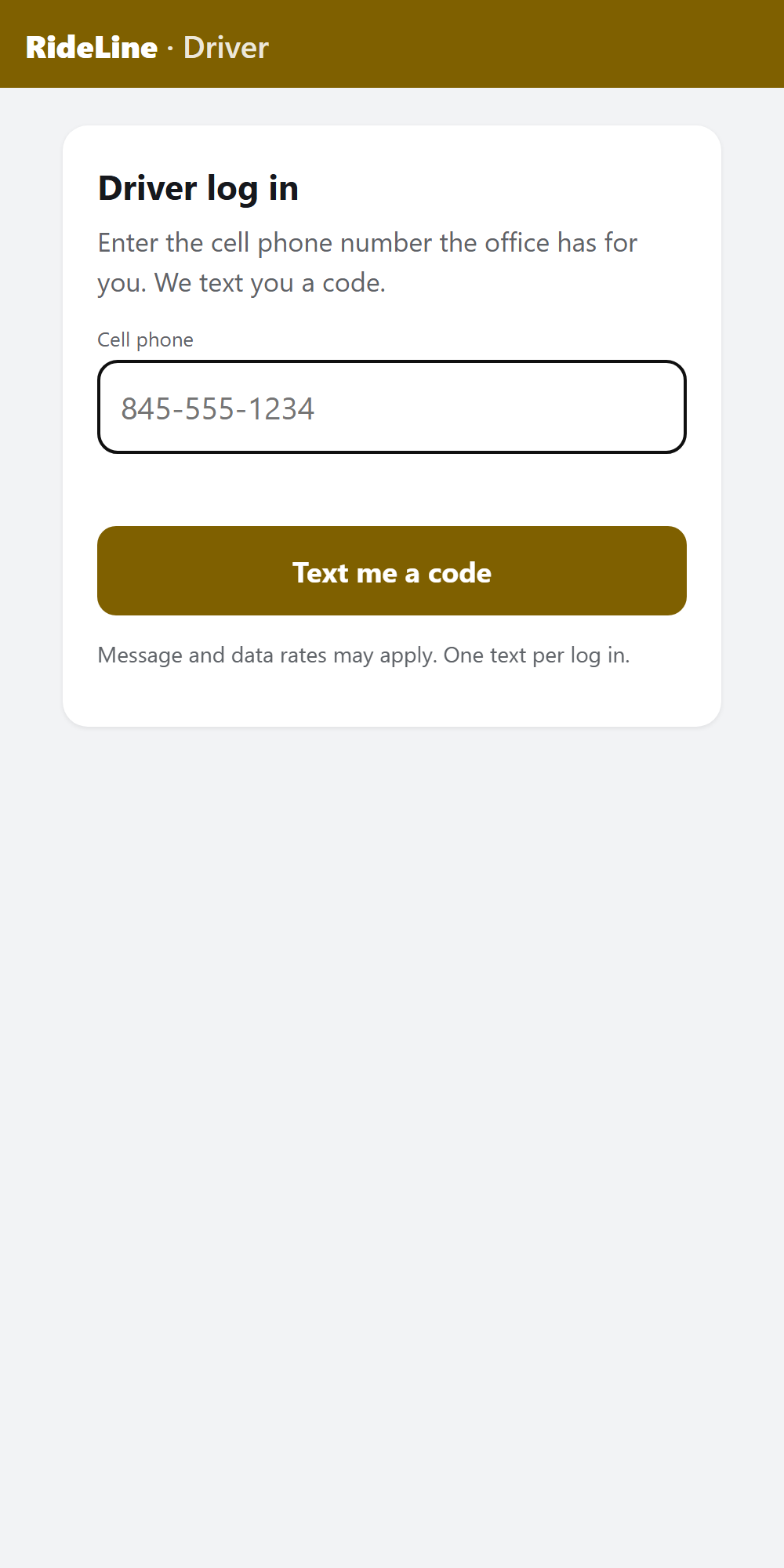 Driver log in with a text-message code