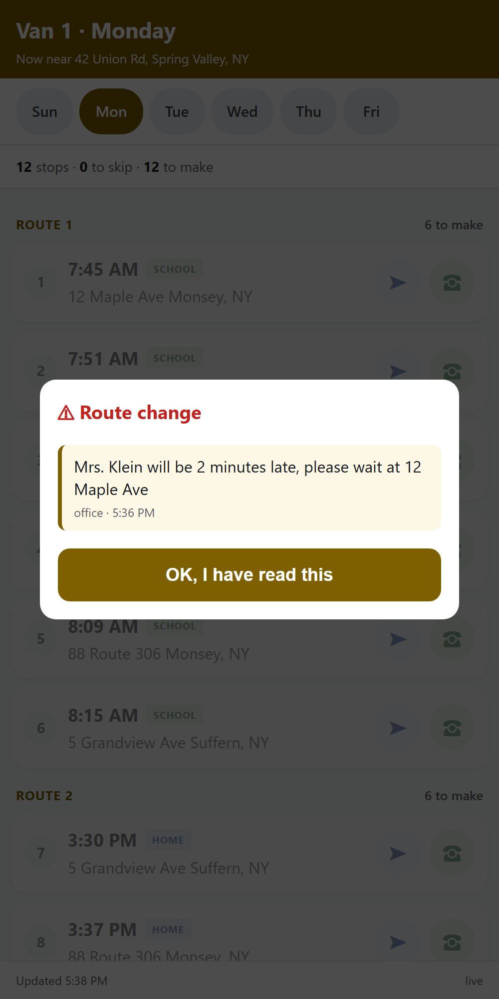 Driver app: today's route with a route change popup