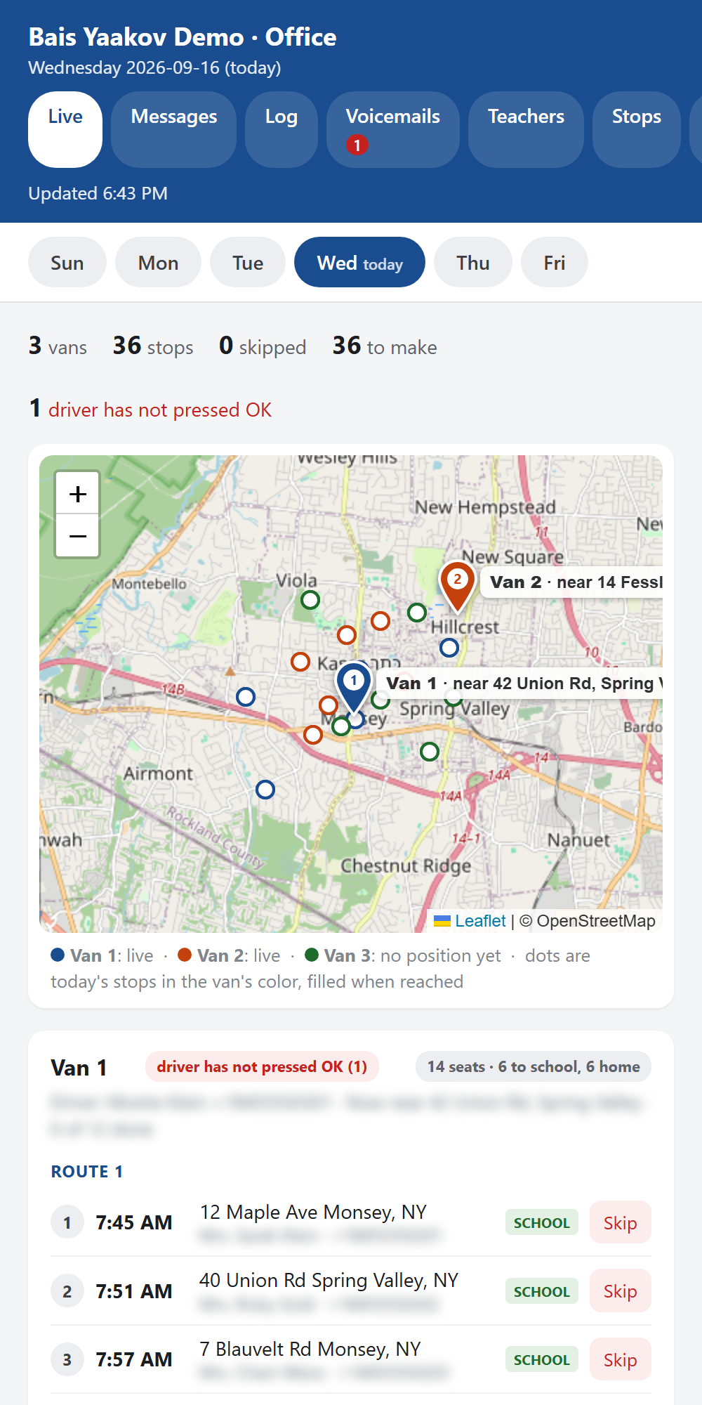 The office page on a phone: map and vans