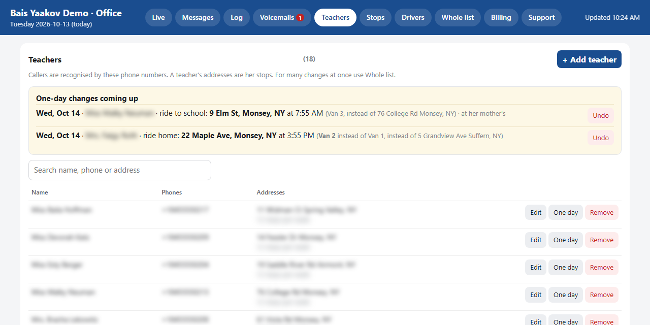 Teachers tab: one-day changes coming up, each with Undo, and a One day button for every teacher