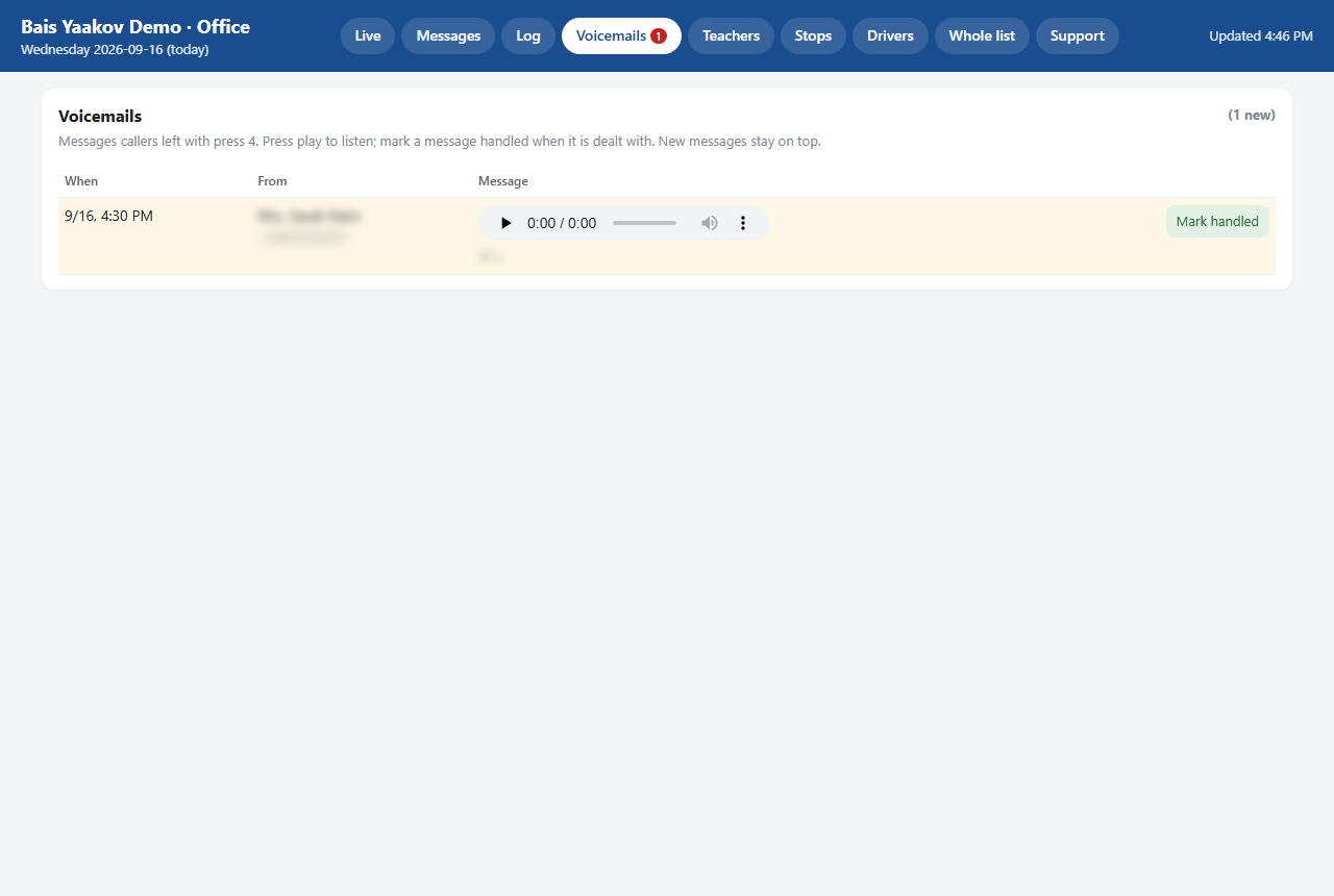 Voicemails tab: play a message and mark it handled