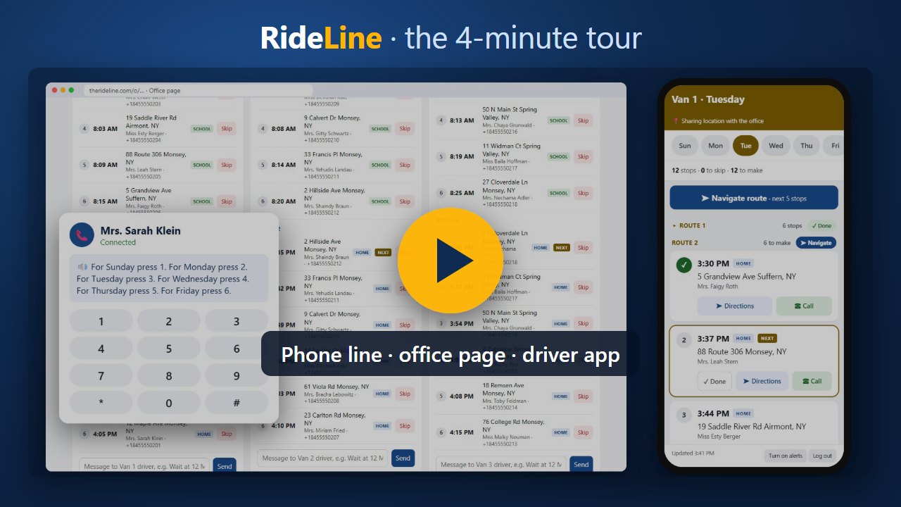 RideLine, the 4-minute tour: the phone line, the office page and the driver app