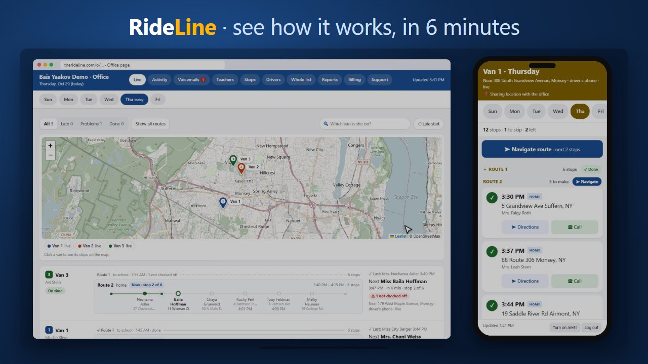 The RideLine video: the phone line, the office page and the driver app